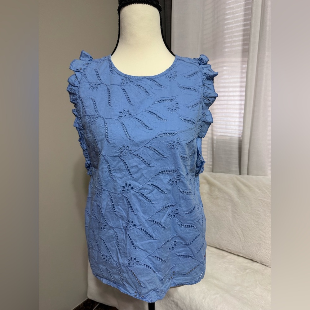 Tommy Hilfiger Blue Eyelet Ruffle-Sleeve Cotton Blouse Size S